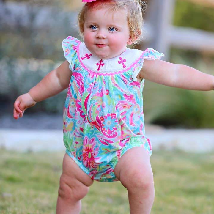 Easter Cross Smocking Embroidery Baby Girl Romper and other Purchase Wholesale easteritems. Free Returns & Net 60 Terms on Faire trending on Faire.