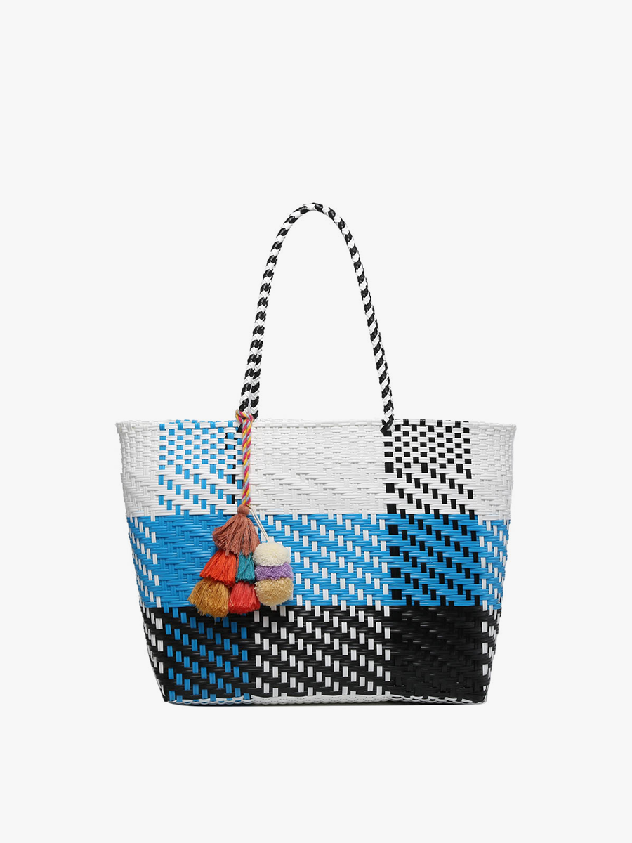 Jen & Co. - Wholesale Tote Bag - Women's - M2067 Sylvia Med Handwoven Tote w/ Pom-Poms0