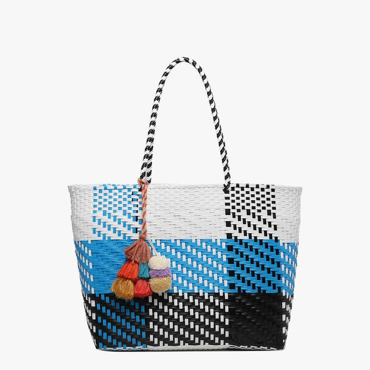 Jen & Co. - Wholesale Tote Bag - Women's - M2067 Sylvia Med Handwoven Tote w/ Pom-Poms0
