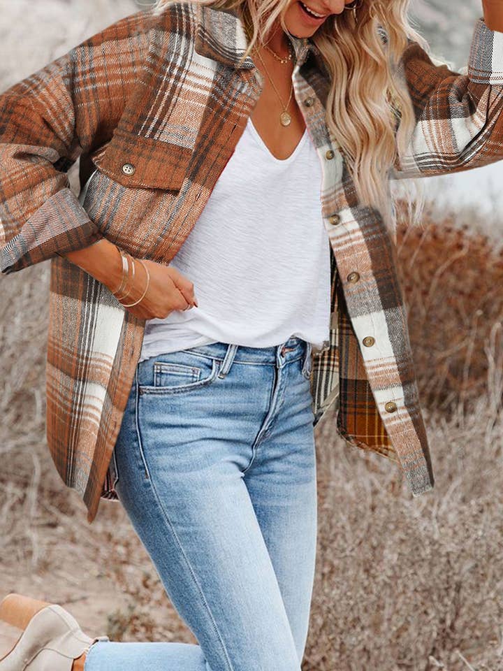 Plaid Flap Pockets Shacket for wholesale by LiveFashionWay