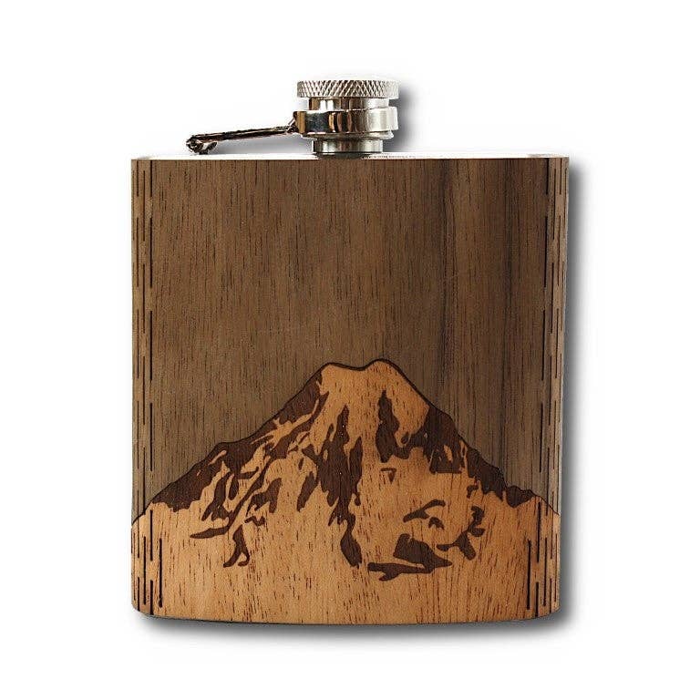 WUDN Handcrafted - Wholesale Flask - 6 oz. Wooden Hip Flask (Mt. Rainier in Mahogany & Black Waln