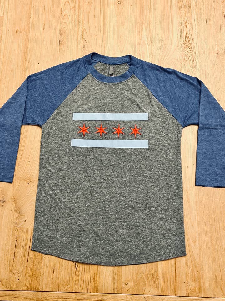 chicago flag raglan shirt unisex, embroidered chicago shirt for wholesale by tori grace outfitters