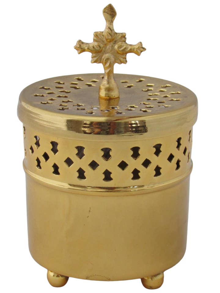 #456 Brass cylindrical incense burner w cross for wholesale by mds