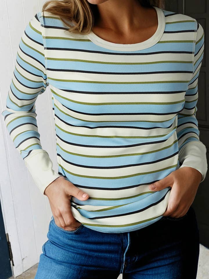 LAS Striped Round Neck Ribbed Knit Long Sleeve Top (S-XL) for wholesale by LA Society