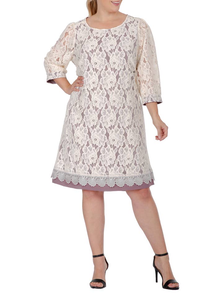 Standards & Practices - Wholesale Dress - Women's - Womens Plus Size Floral Lace Boat Neck 3/4 Sleeve Midi Dress