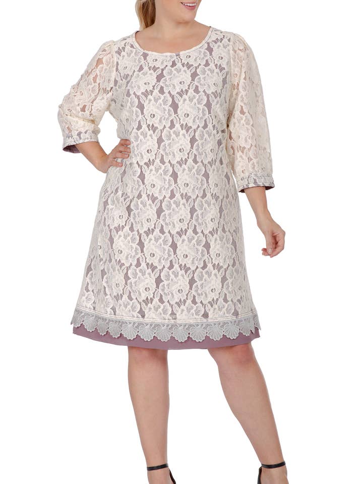 Standards & Practices - Vente Robe – femme - Robe mi-longue en dentelle florale à col bateau et manches 3/4 pour femmes0