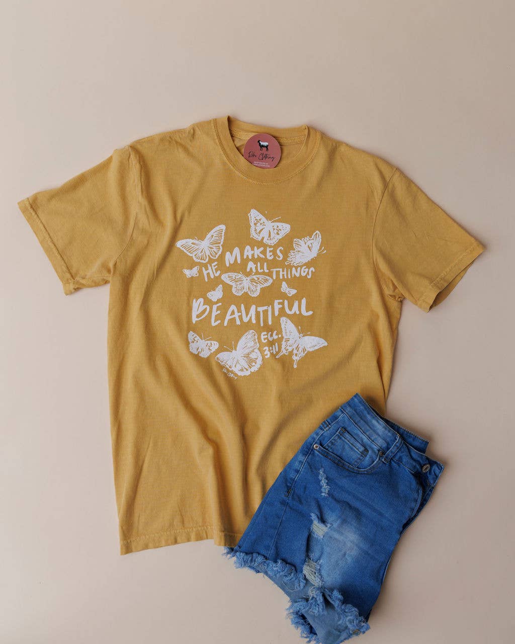 Rohi Clothing - Wholesale Screen Printed T-Shirt - Women's - All Things Beautiful Butterfly Christian Tee (Mustard)2