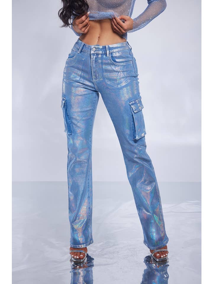 Medium Wash Multi Colored Foil Cargo Denim Stretch Jeans for wholesale on Faire