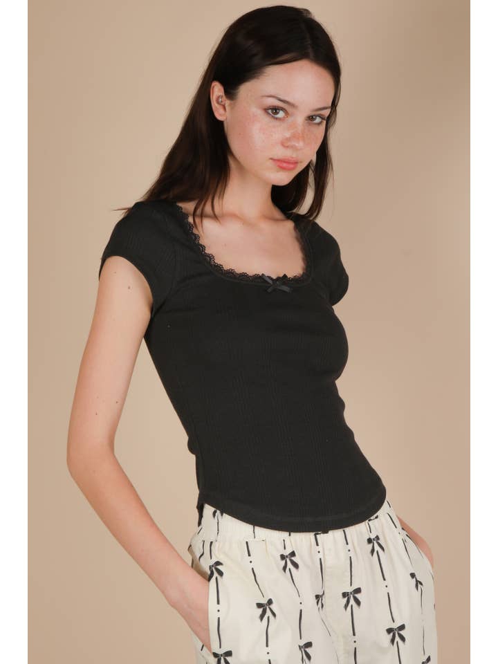 VERY J - Vente Haut en maille – femme - NT12169-Haut en maille côtelée avec dentelle et nœud2