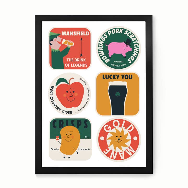 Mixed Retro Beer Mats Bar Print for wholesale by Little Egret Design