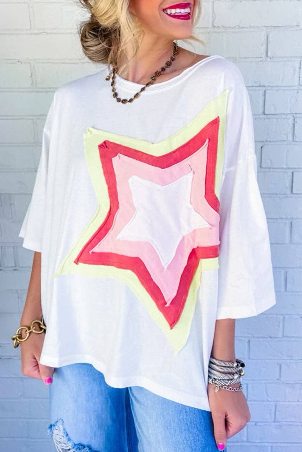 Lovesoft - Wholesale Tunic - Women's - Colorblock Star Patched Half Sleeve Oversized Tee5