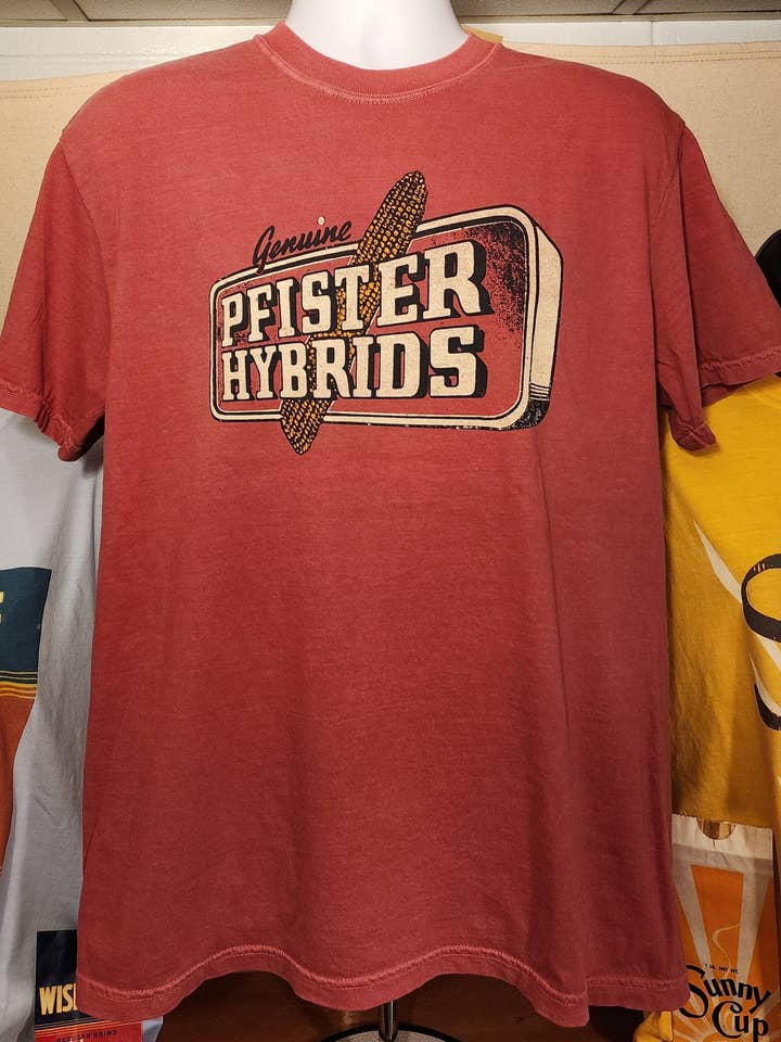Vintage Farm Design tee; "Pfister Hybrids" custom design, Comfort Colors tee, Chili for wholesale by Seed House Prints