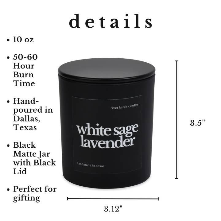 River Birch Candles – Großhandel Kerze im Glas / gefüllte Kerze – 10 Unzen Weißer Salbei-Lavendel — Mattschwarz — Sojakerze4