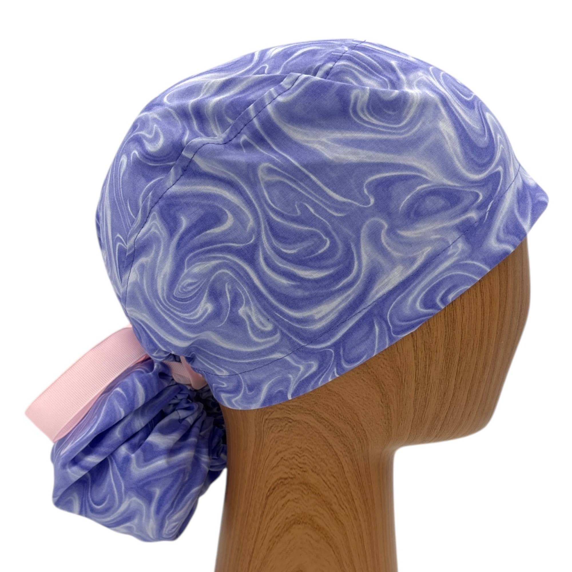 SewingLabPlus - Wholesale Healthcare Uniform - Women's - Purple Marble Scrub Cap Pony Tail Scrub Hat Ribbon Tie