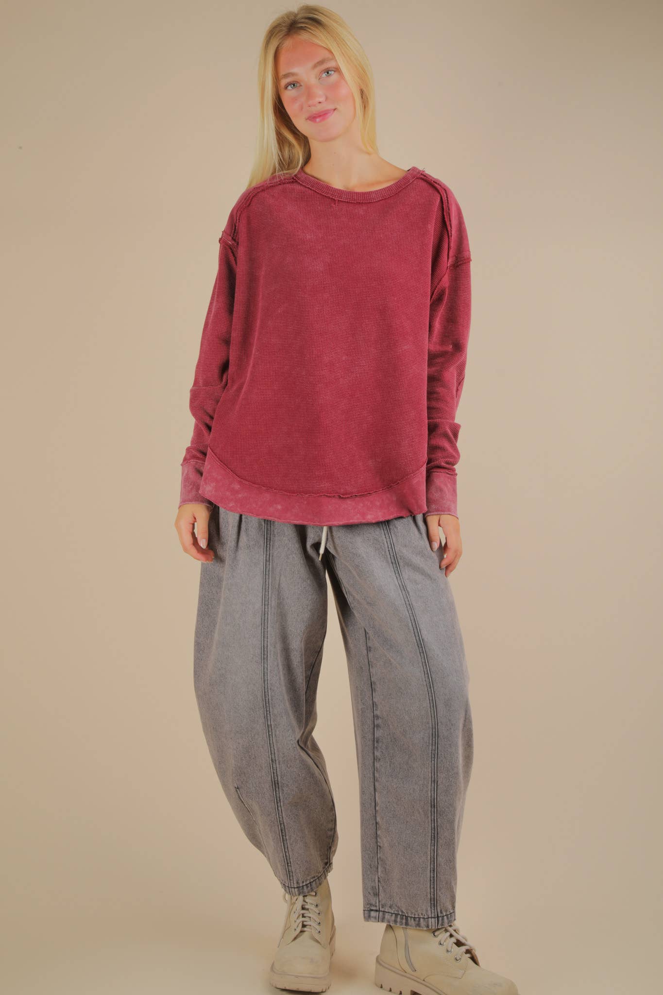 VERY J - Wholesale Knit Top - Women's - NT12234-Mineral Washed Elbow Patch Contrast Knit Top8