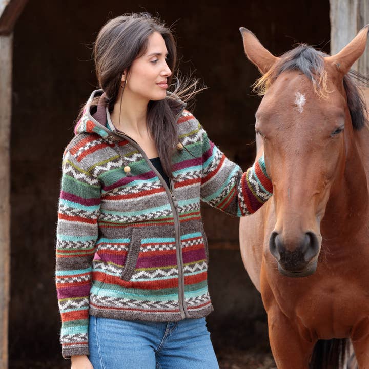 Journey Knit Wool Sweater Hoodie with Fair Isle Pattern for wholesale by Lost Horizons Knitwear – Ships from USA