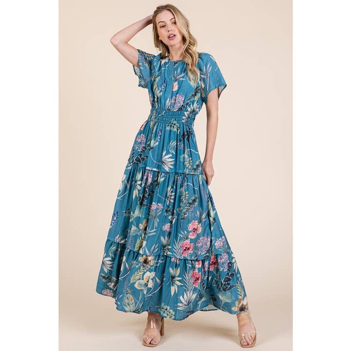 Floral Print Split Neck Tiered Maxi Dress for wholesale by LIME N CHILI