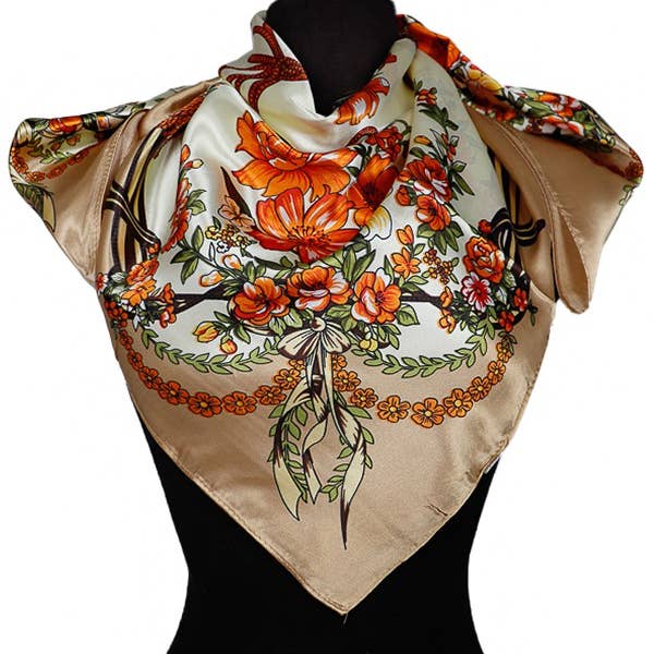 ASSORTED Poppy Floral Filigree Faux Silk Square Scarf for wholesale on Faire