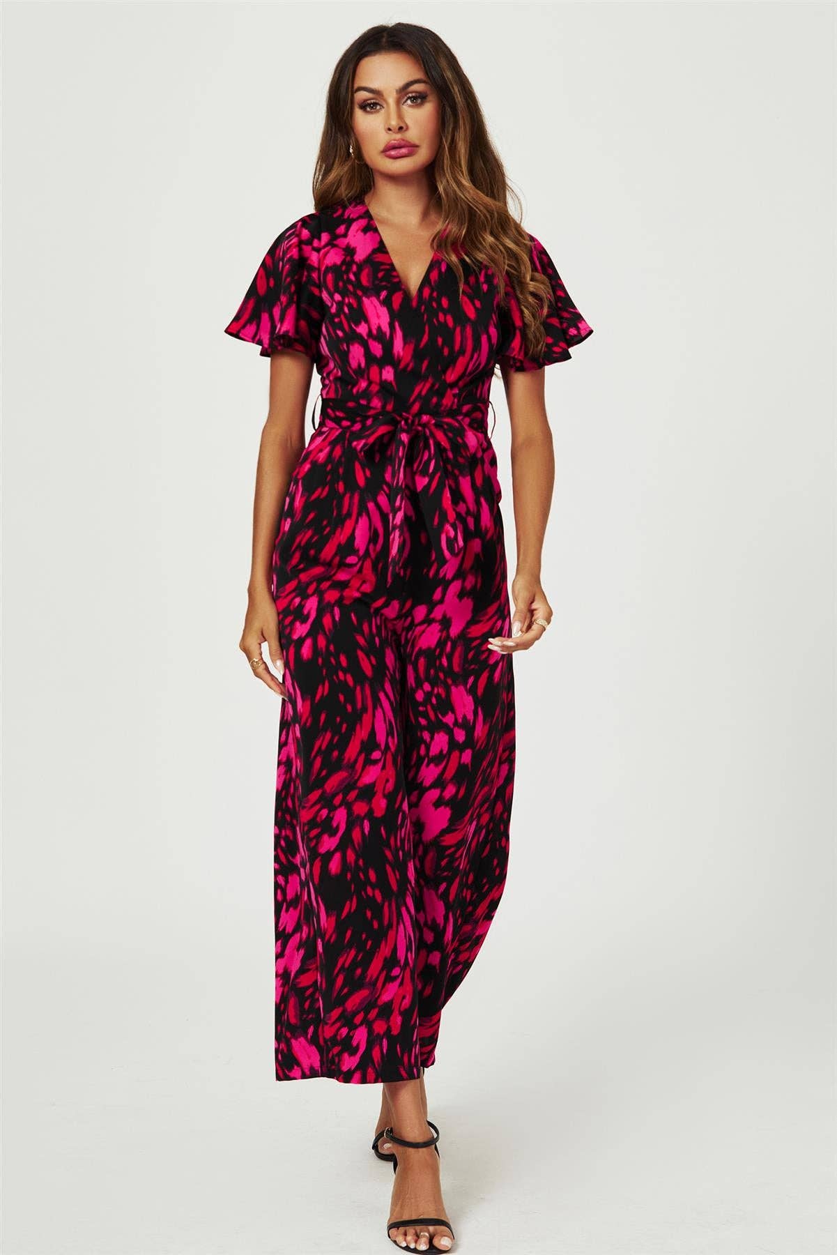 Pink Abstract Print Wrap Top Jumpsuit In Black for wholesale on Faire4