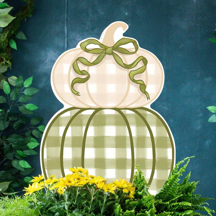 Sage Stacked Pumpkin Duo Garden Stake for wholesale by Songbird Grove Collection