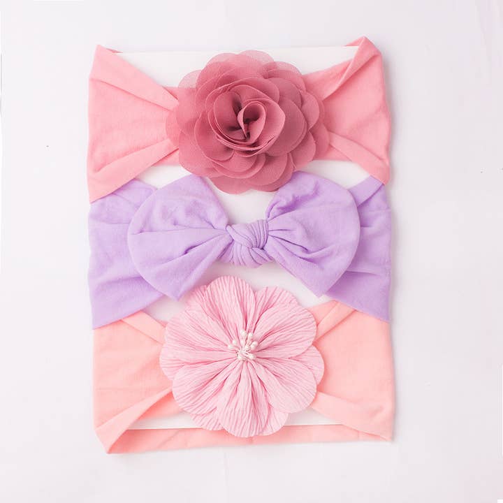 Little Chic Boutique – wholesale Hårrosett - Baby – 3 st Baby Bandana Set Rosett Blomma Hårband Grossist Babyaccessoarer V3824071000027