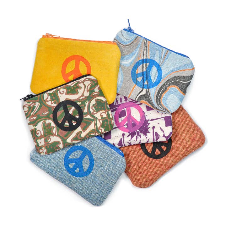 Upcycled Blockprint Peace Sign Coin Purse for wholesale by Gray Green Goods