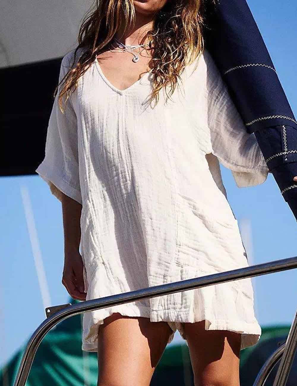 Sweetkama - Wholesale Romper - Women's - Flouncy Shapeless V-Neck Draped Sleeves Romper SKJ1811