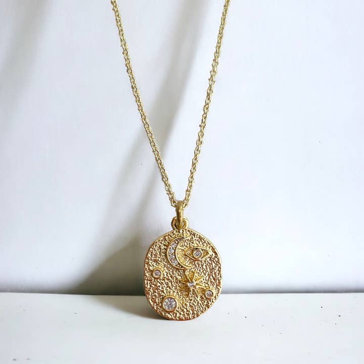 Collar Sky ~ Chapado en oro ~ Moon Star Celestial CZ Crystal para venta al por mayor de GeoMetricGem