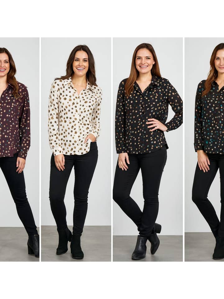 Kurt Muller - Wholesale Button Down Shirt - Women's - Tonal Polka Dot Print Shirt