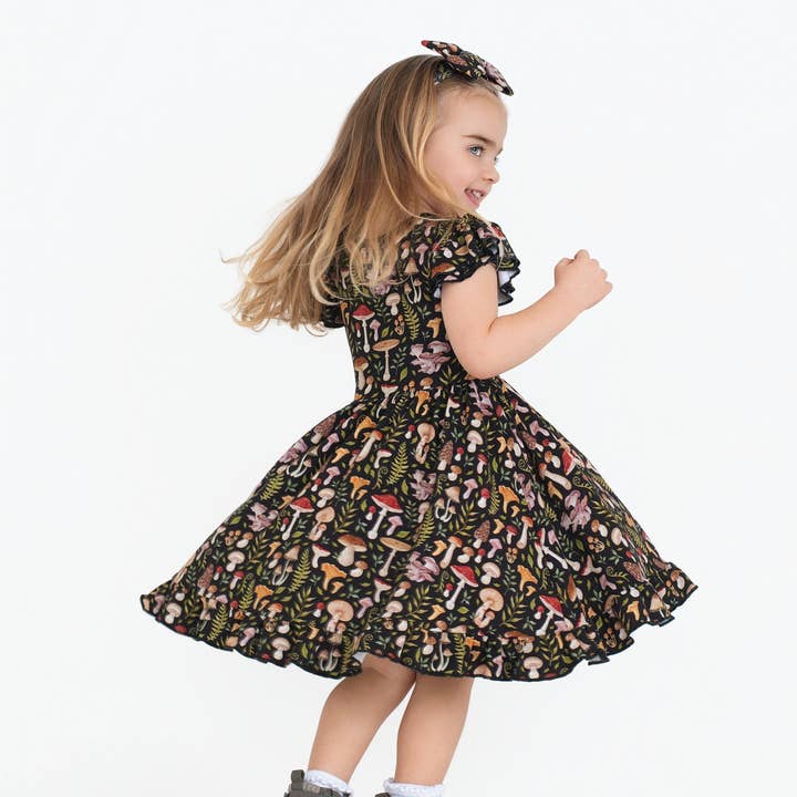 Mystic Mushrooms Short Sleeve Big Kid Twirl Dress for wholesale by Jammie Session formerly Big Dreams Little Jammies