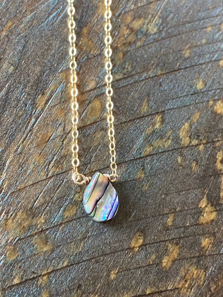 Gold small abalone two sided teardrop gemstone necklace for wholesale by Rose Burkhardt Jewelry