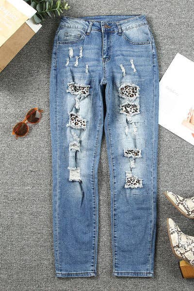 Medium Leopard Distressed Pocketed Straight Jeans for wholesale on Faire0