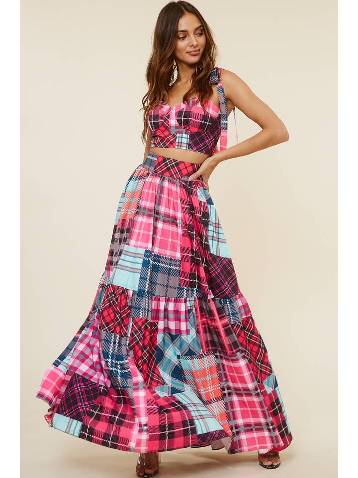 QMP Moda - Wholesale Top & Skirt Set - Women's - PATTERN BLOCKED PLAID PRINTED SET2