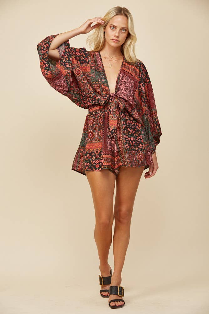 BLACK MULTI BATWING SLEEVED BOHO MIX PRINT ROMPER W4411RJ for wholesale on Faire4