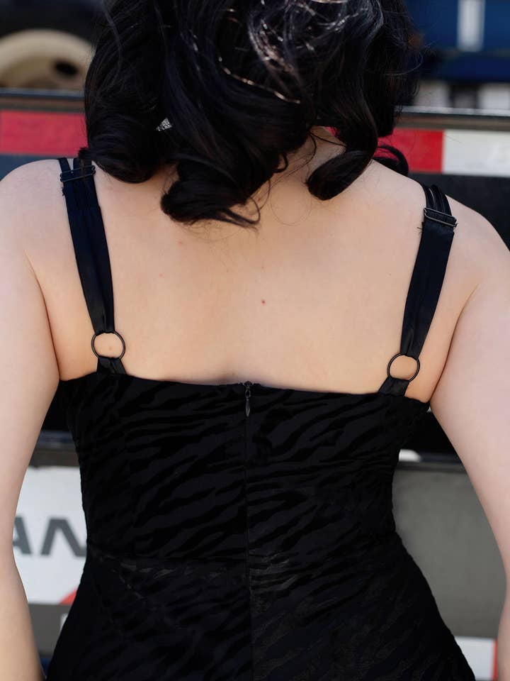 Weasel Wear - Wholesale Dress - Women's - Carol Simone Zebra Ruffle Maxi - Zebra Burnout Maxi Dress with Satin Straps & Peekaboo Drawstring Midriff (Hot Ghoul Summer Edition)5