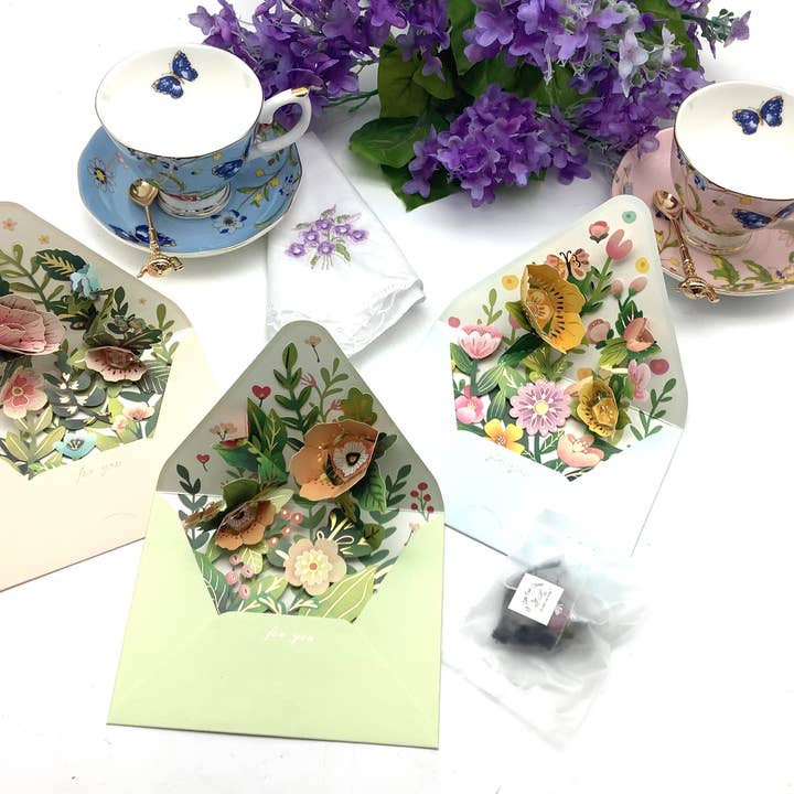 Tea and Flower Garden Pop Up Greeting Card Black Pyramid tea for wholesale by All Little Cute Things