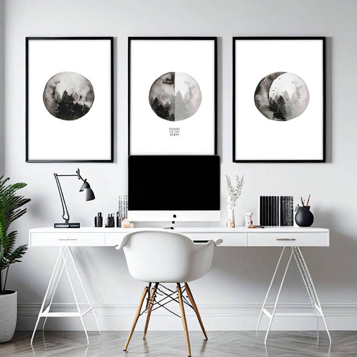 Moon phases wall art for home office decor | set of 3 prints for wholesale by About Wall Art