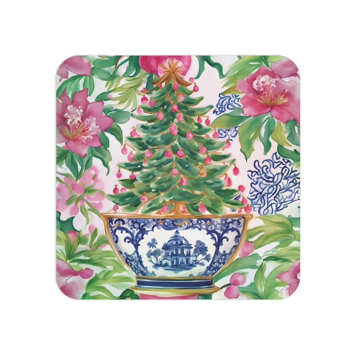 Pink & Green Chinoiserie Christmas Tree Holiday Coaster Set for wholesale by Design Carolinas