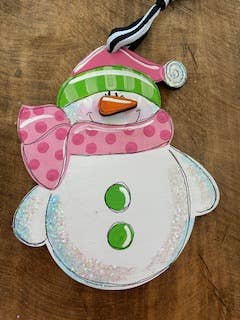 Snowman in pink scarf hand painted ornament for wholesale by Pink Fish Studios, LLC.