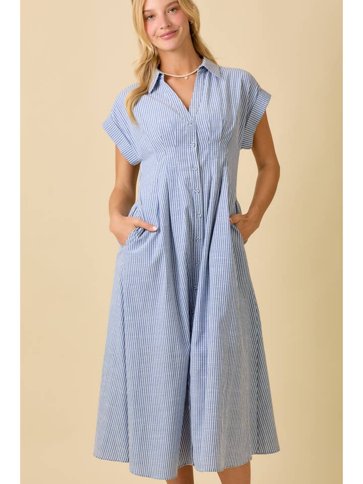 BLUE Button Up Front Pleated Summer Midi Shirt Dress for wholesale on Faire0