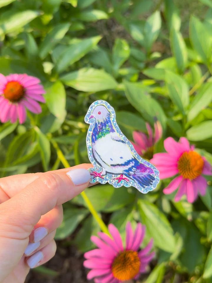 Glitter Pigeon Sticker for wholesale by Refuge Studios Iowa City