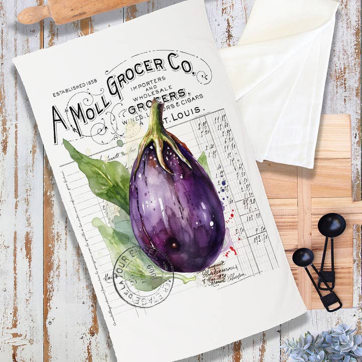 Avery Lane Gifts - Wholesale Tea Towel - Vintage Farmhouse Eggplant Vegetables Terry Cloth Towel