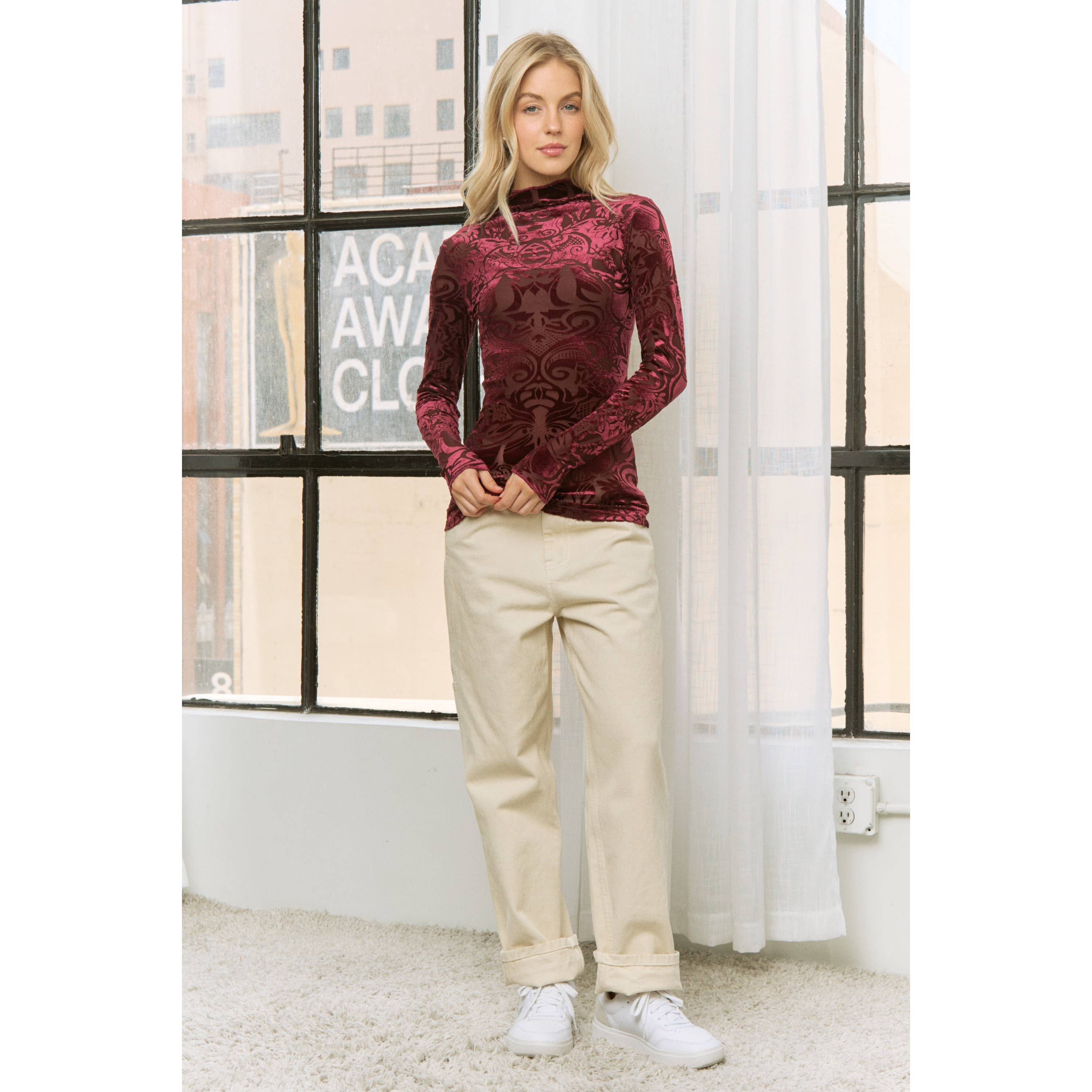 Sweet Generis - Wholesale Knit Top - Women's - VELVET BURN OUT SLIM FIT HIGH NECKLINE TOP17