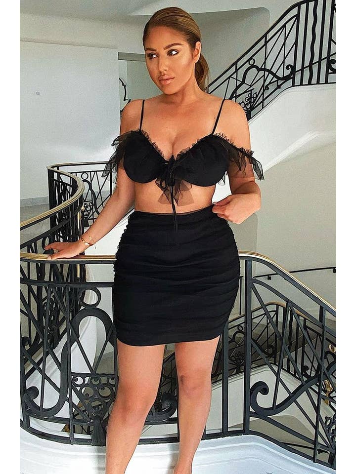 Black Mesh Frill Crop Top + Skirt Co-ord - Pansy for wholesale on Faire