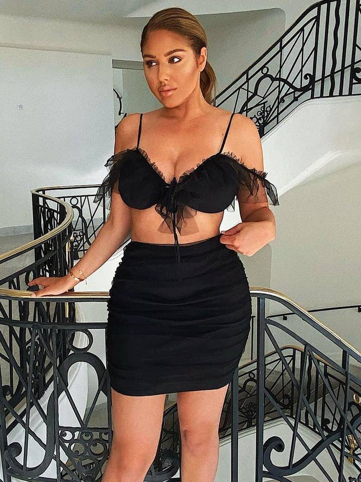 Black Mesh Frill Crop Top + Skirt Co-ord - Pansy for wholesale by Rebellious Fashion