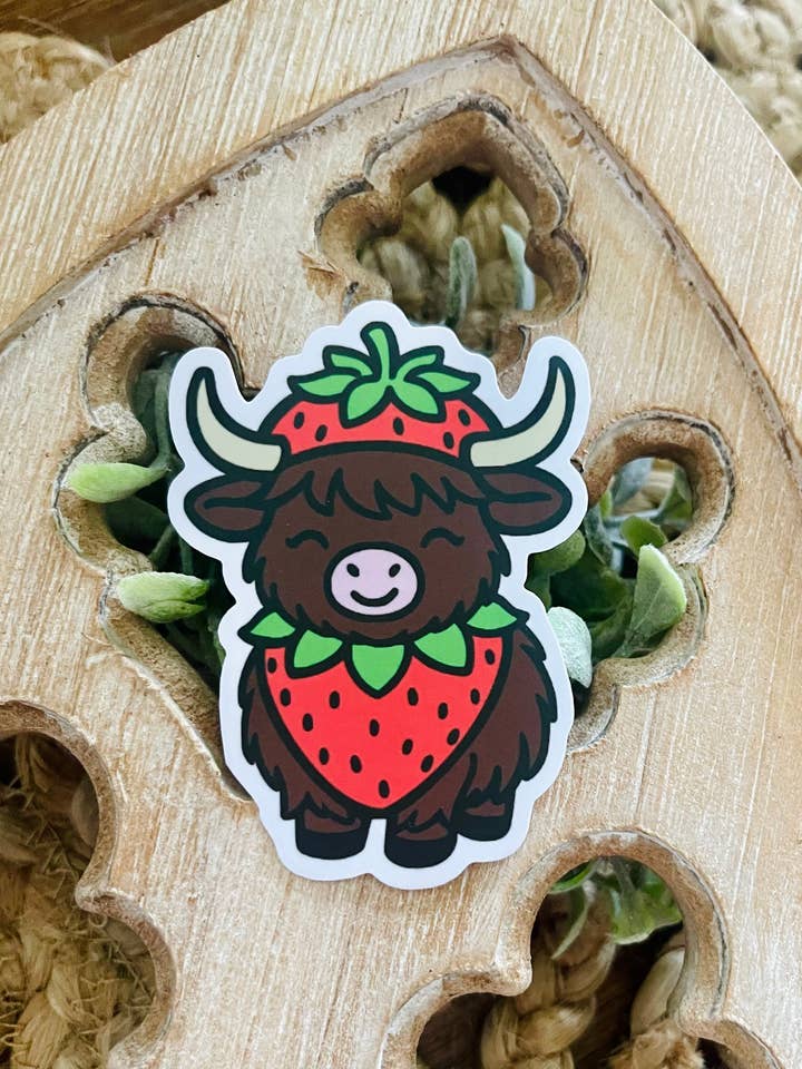 Strawberry Highland Cow Vinyl Sticker for wholesale by Scents & Shenanigans Co