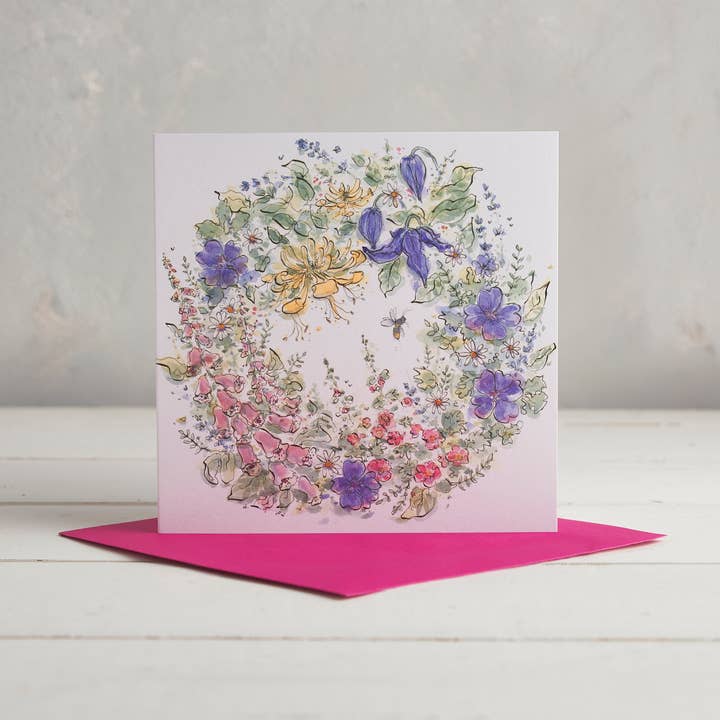 Biglietto di auguri con ghirlanda di fiori estivi per la vendita all'ingrosso da parte di Helen Wiseman Illustration