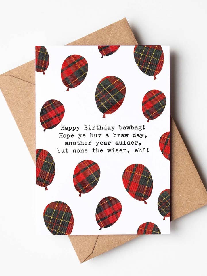 Happy Birthday Scottish Greeting Card with Tartan Balloons for wholesale by Hiya Pal