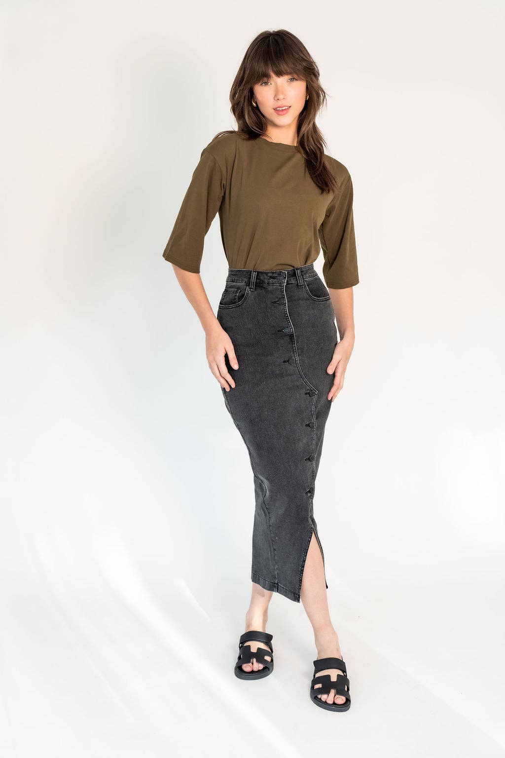 Recollection Brand - Wholesale Dress - Women's - Button Front Stretch Denim Midi Skirt0