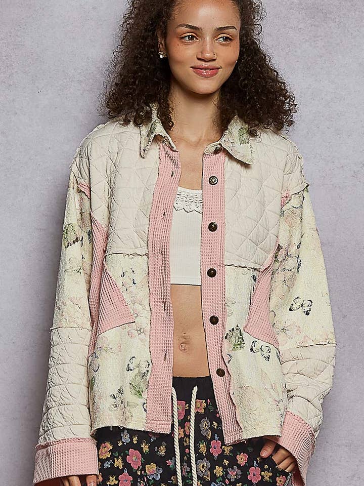 Chemise tissée à manches longues imprimée patchwork veste matelassée pour la vente par Pol Clothing